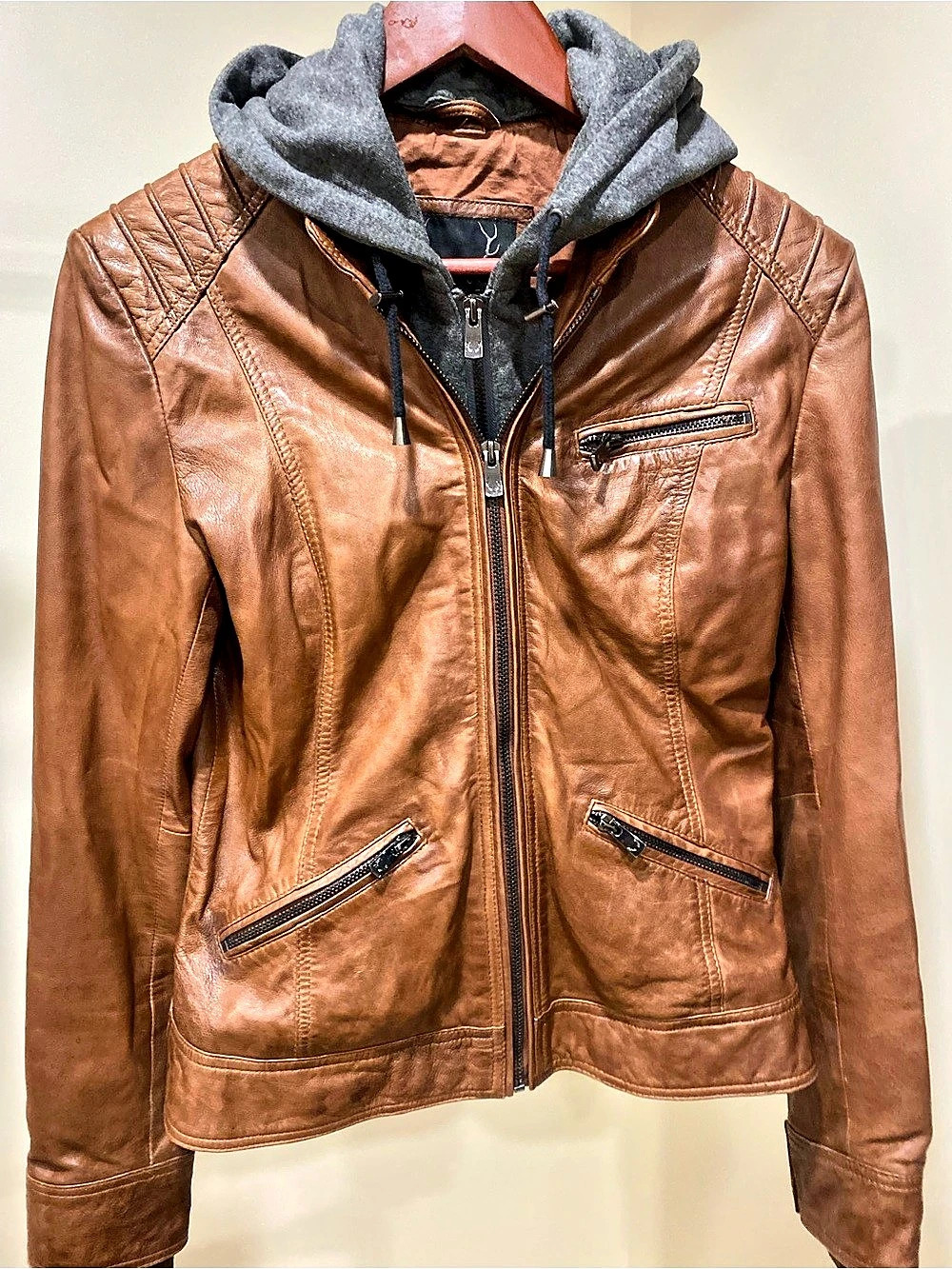 BOD & CHRISTENSEN Hooded Leather Jacket Brown & Gray